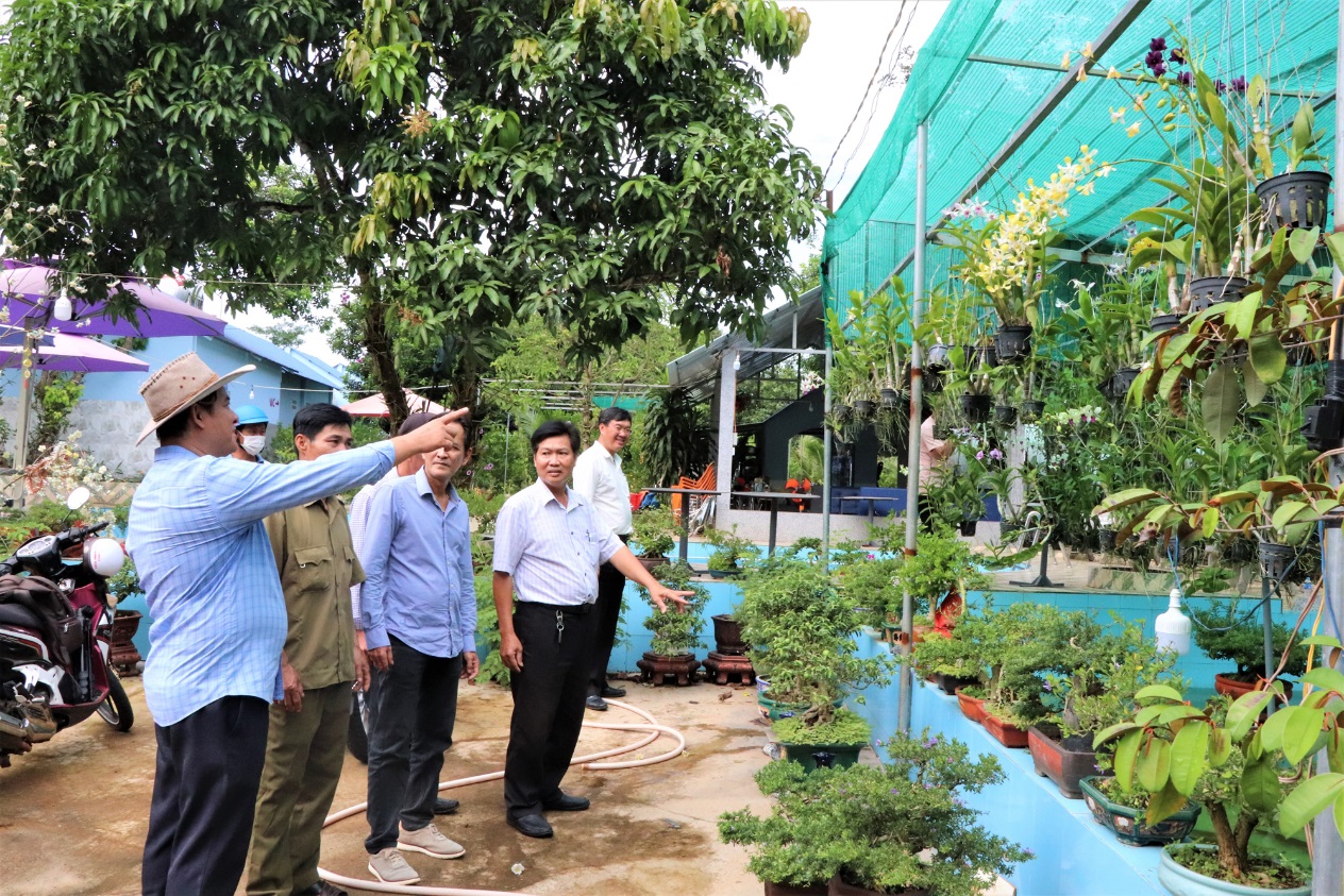 Ông Nguyễn Tấn Thái (bên trái), chủ cơ sở du lịch sinh thái An Nhiên (TT. Ngãi Giao, huyện Châu Đức) giới thiệu về cách chăm sóc hoa lan.